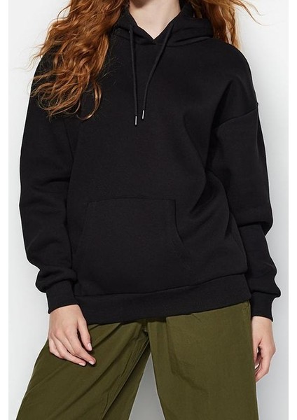 Kadın Moda Şık Oversize Kapüşonlu Düşük Kol Uzun Kalın Içi Polarlı Geniş Kalıp Basic Örme Sweatshirt