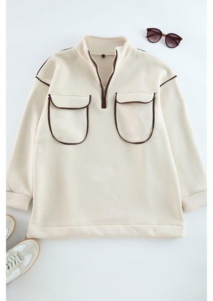 Kadın Tesettür Moda Şık Oversize Dik Yaka Standart Kol Uzun Fermuar ve Cep Detaylı Sweatshirt