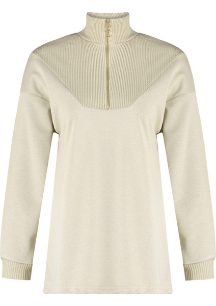 Kadın Tesettür Moda Şık Regular Dik Yaka Standart Kol Regular Fermuarlı Yaka Detaylı Örme Sweatshirt
