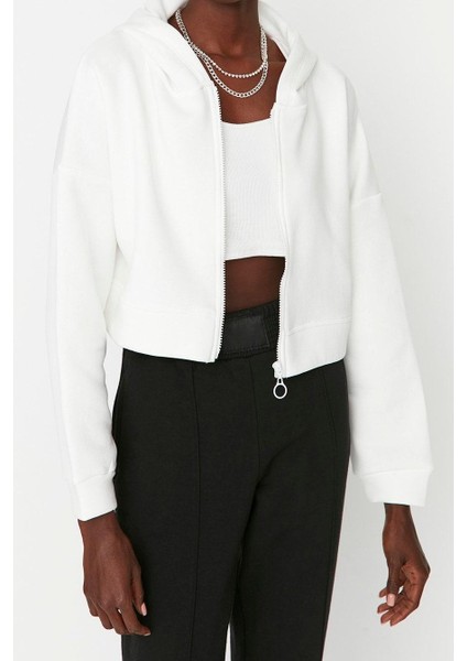 Kadın Moda Relaxed Kapüşonlu Düşük Kol Crop Basic Fermuarlı Crop Kalın Içi Polarlı Örme Sweatshirt