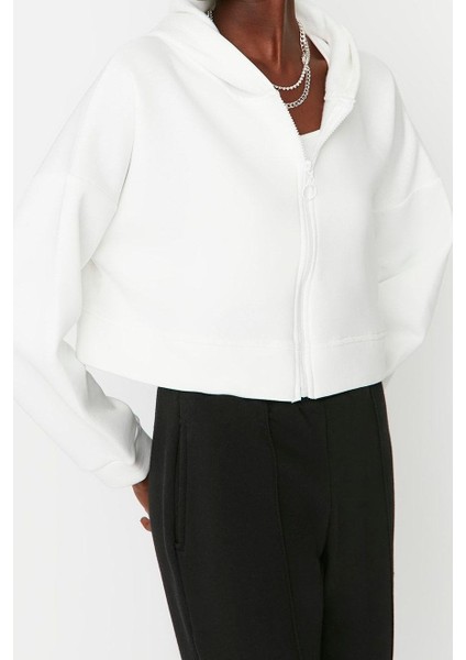 Kadın Moda Relaxed Kapüşonlu Düşük Kol Crop Basic Fermuarlı Crop Kalın Içi Polarlı Örme Sweatshirt fiyatları