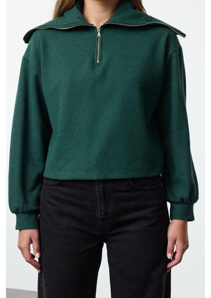 Kadın Relaxed Fermuarlı Yaka Standart Kol Regular Selanik Triko Polo Yaka Fermuarlı Örme Sweatshirt