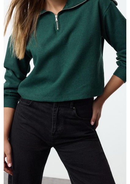 Kadın Relaxed Fermuarlı Yaka Standart Kol Regular Selanik Triko Polo Yaka Fermuarlı Örme Sweatshirt fiyatları