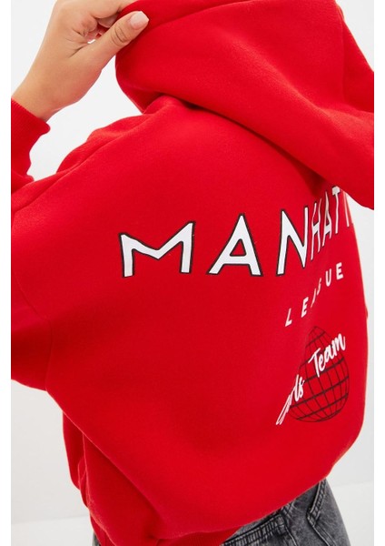 Kadın Moda Şık Relaxed Kapüşonlu Düşük Kol Crop Sırt Baskı Detaylı Kalın Içi Polarlı Örme Sweatshirt