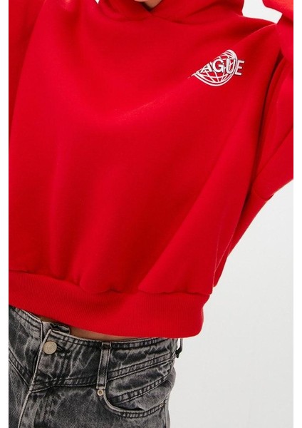 Kadın Moda Şık Relaxed Kapüşonlu Düşük Kol Crop Sırt Baskı Detaylı Kalın Içi Polarlı Örme Sweatshirt