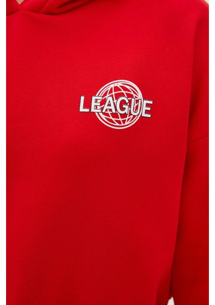 Kadın Moda Şık Relaxed Kapüşonlu Düşük Kol Crop Sırt Baskı Detaylı Kalın Içi Polarlı Örme Sweatshirt