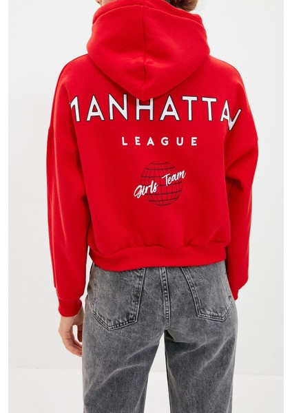 Kadın Moda Şık Relaxed Kapüşonlu Düşük Kol Crop Sırt Baskı Detaylı Kalın Içi Polarlı Örme Sweatshirt