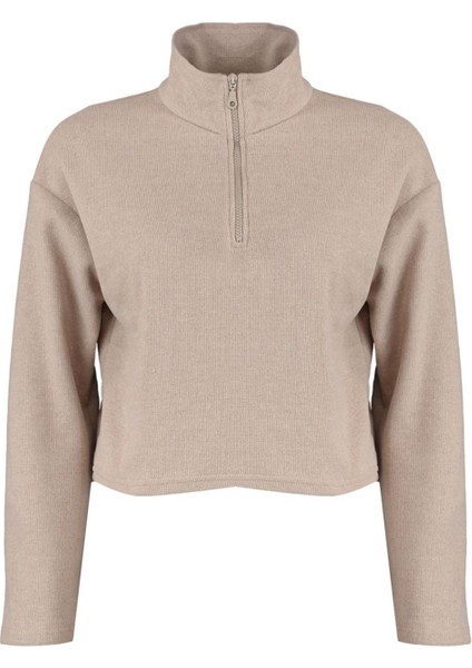 Kadın Fermuarlı Yaka Düşük Kol Selanik Triko Fermuarlı Yaka Normal Kalıp Örme Sweatshirt