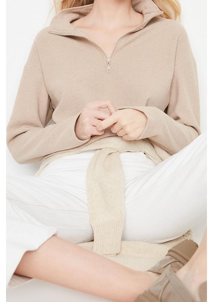 Kadın Fermuarlı Yaka Düşük Kol Selanik Triko Fermuarlı Yaka Normal Kalıp Örme Sweatshirt fiyatları