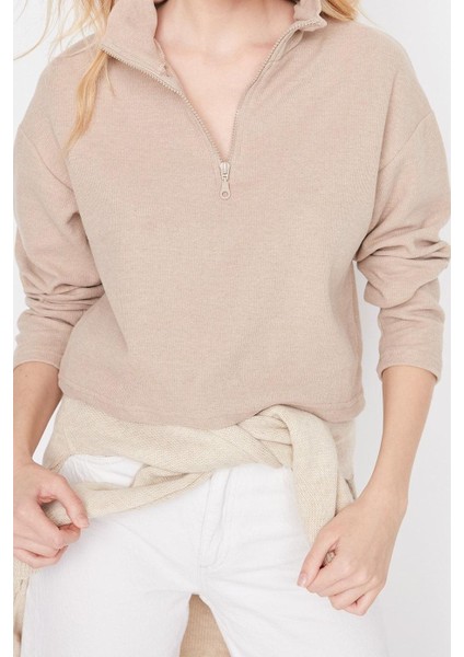 Kadın Fermuarlı Yaka Düşük Kol Selanik Triko Fermuarlı Yaka Normal Kalıp Örme Sweatshirt modelleri