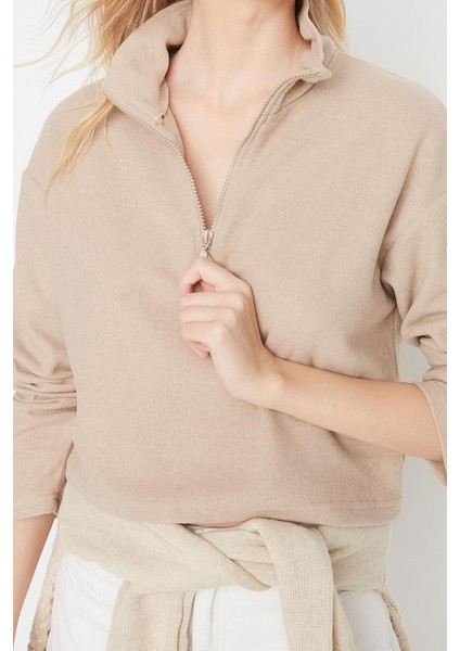 Kadın Fermuarlı Yaka Düşük Kol Selanik Triko Fermuarlı Yaka Normal Kalıp Örme Sweatshirt fırsatları