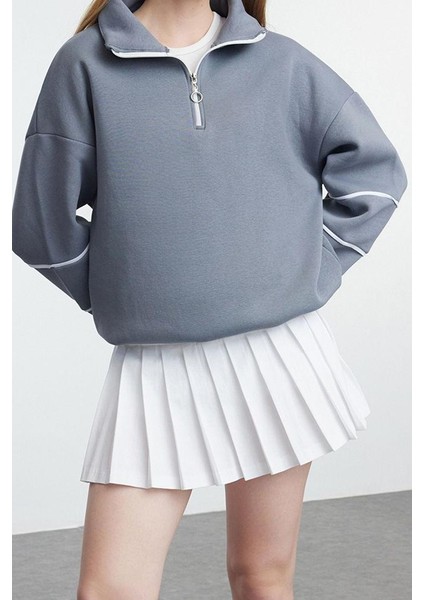 Kadın Moda Şık Oversize Fermuarlı Yaka Düşük Kol Standart Biye Detaylı Geniş Kalıp Örme Sweatshirt fiyatları