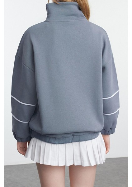 Kadın Moda Şık Oversize Fermuarlı Yaka Düşük Kol Standart Biye Detaylı Geniş Kalıp Örme Sweatshirt indirimleri