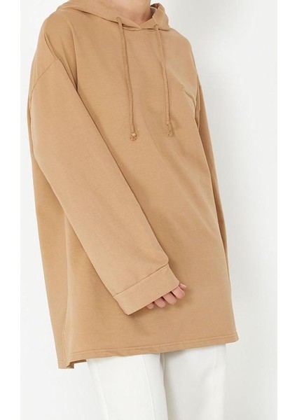 Kadın Tesettür Moda Şık Regular Kapüşonlu Standart Kol Uzun Asit Yıkamalı Örme Sweatshirt