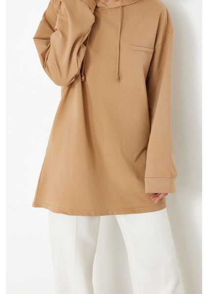 Kadın Tesettür Moda Şık Regular Kapüşonlu Standart Kol Uzun Asit Yıkamalı Örme Sweatshirt
