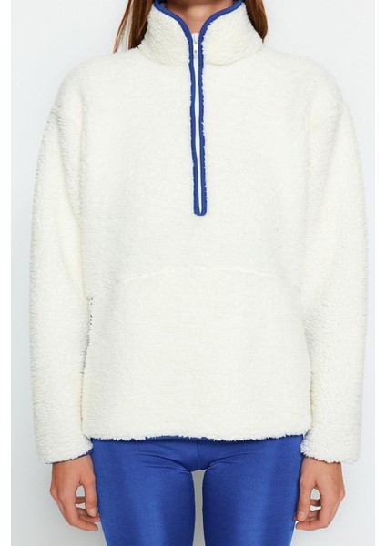 Kadın Moda Şık Regular Dik Yaka Düşük Kol Regular Peluş Örme Spor Sweatshirt