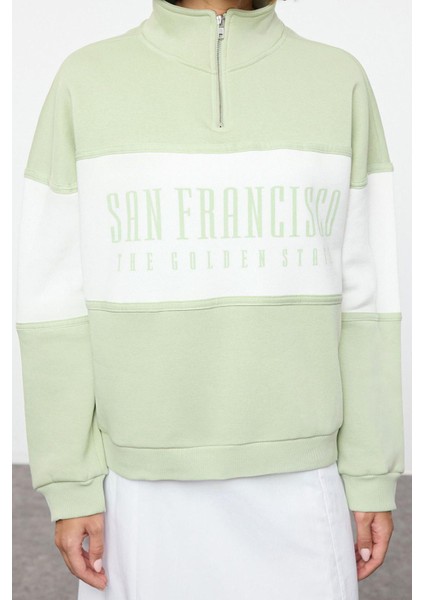 Kadın Moda Regular Fermuarlı Yaka Düşük Kol Regular Basic Baskılı Kalın Içi Polarlı Örme Sweatshirt