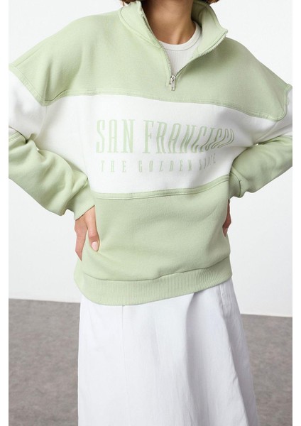 Kadın Moda Regular Fermuarlı Yaka Düşük Kol Regular Basic Baskılı Kalın Içi Polarlı Örme Sweatshirt