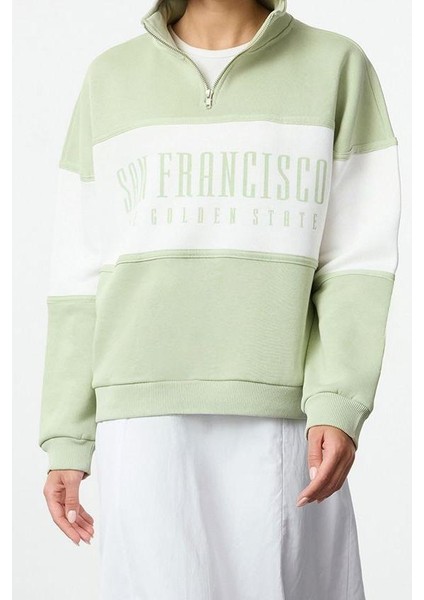 Kadın Moda Regular Fermuarlı Yaka Düşük Kol Regular Basic Baskılı Kalın Içi Polarlı Örme Sweatshirt