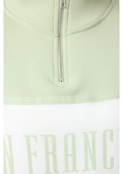 Kadın Moda Regular Fermuarlı Yaka Düşük Kol Regular Basic Baskılı Kalın Içi Polarlı Örme Sweatshirt