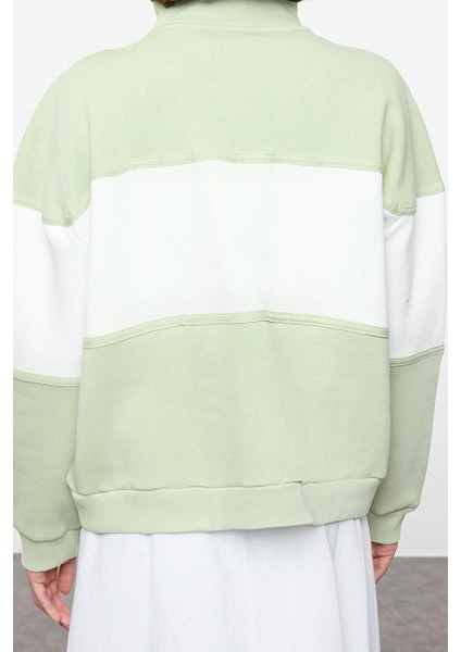 Kadın Moda Regular Fermuarlı Yaka Düşük Kol Regular Basic Baskılı Kalın Içi Polarlı Örme Sweatshirt