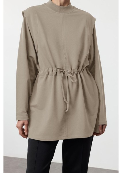 Kadın Tesettür Moda Şık Relaxed Bisiklet Yaka Düşük Kol Regular Örme Sweatshirt