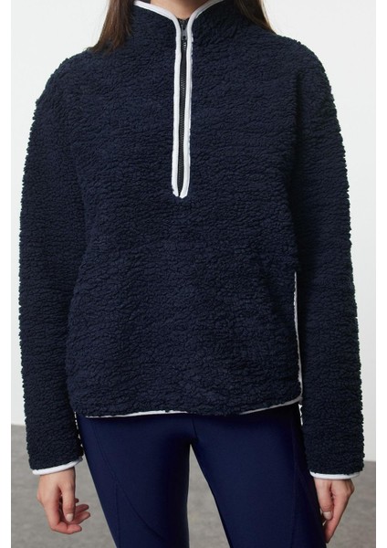Kadın Moda Şık Regular Dik Yaka Düşük Kol Regular Peluş Örme Spor Sweatshirt