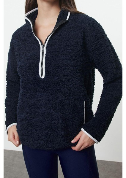 Kadın Moda Şık Regular Dik Yaka Düşük Kol Regular Peluş Örme Spor Sweatshirt