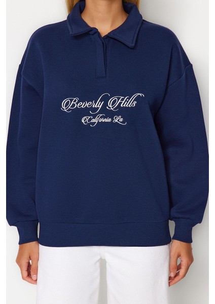 Kadın Oversize Gömlek Yaka Düşük Kol Uzun Gömlek Yaka Nakışlı Fit Kalın Içi Polarlı Örme Sweatshirt