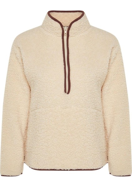 Kadın Moda Şık Regular Dik Yaka Düşük Kol Regular Peluş Örme Spor Sweatshirt