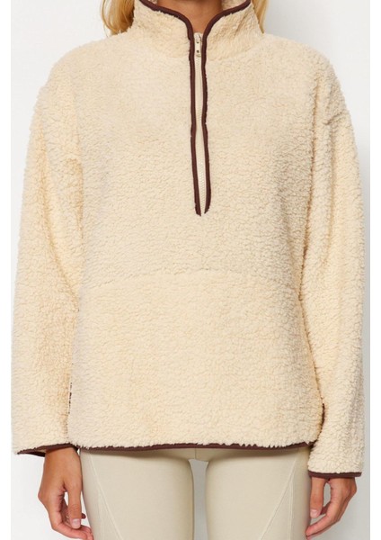 Kadın Moda Şık Regular Dik Yaka Düşük Kol Regular Peluş Örme Spor Sweatshirt modelleri