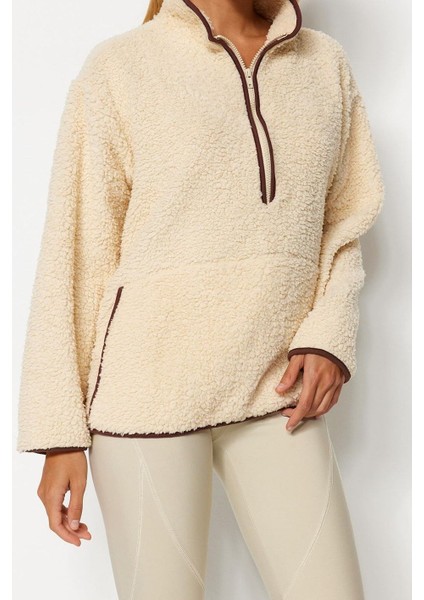 Kadın Moda Şık Regular Dik Yaka Düşük Kol Regular Peluş Örme Spor Sweatshirt indirimleri