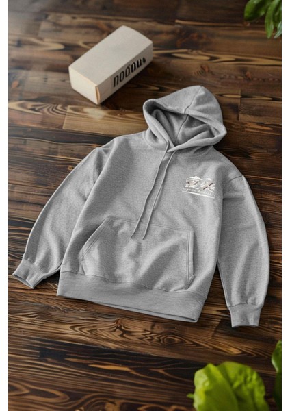 Unisex Oversize Kapüşonlu Standart Gri Geniş Kesim Uzun Kol Sıcak Tutan Baskılı Sweatshirt