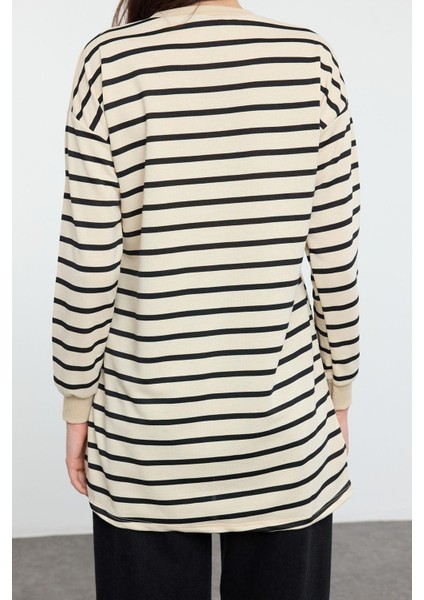 Kadın Tesettür Moda Şık Oversize Bisiklet Yaka Düşük Kol Regular Taş Çizgili Örme Tunik Sweatshirt fırsatları