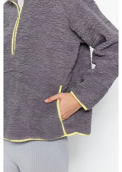 Kadın Moda Şık Regular Dik Yaka Düşük Kol Regular Peluş Örme Spor Sweatshirt indirimleri