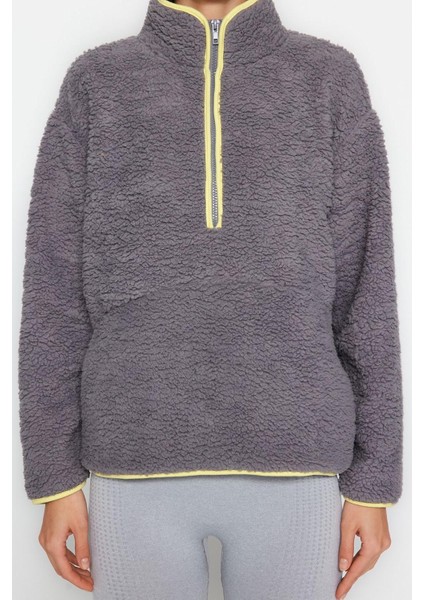 Kadın Moda Şık Regular Dik Yaka Düşük Kol Regular Peluş Örme Spor Sweatshirt