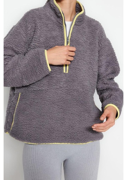 Kadın Moda Şık Regular Dik Yaka Düşük Kol Regular Peluş Örme Spor Sweatshirt fırsatları