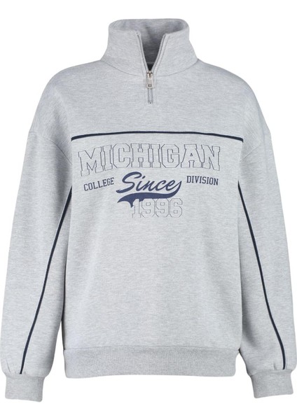 Kadın Moda Şık Bol Fermuarlı Yaka Düşük Kol Uzun Fermuarlı Baskılı Kalın Içi Polarlı Örme Sweatshirt