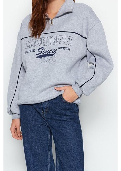 Kadın Moda Şık Bol Fermuarlı Yaka Düşük Kol Uzun Fermuarlı Baskılı Kalın Içi Polarlı Örme Sweatshirt