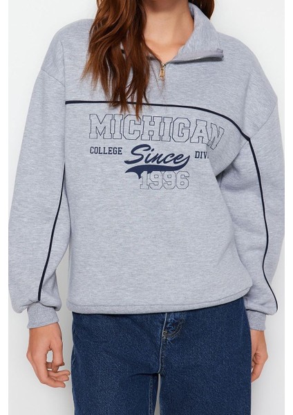 Kadın Moda Şık Bol Fermuarlı Yaka Düşük Kol Uzun Fermuarlı Baskılı Kalın Içi Polarlı Örme Sweatshirt