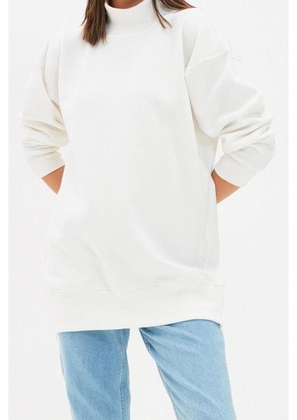 Kadın Oversize Dik Yaka Düşük Kol Uzun Uzun Geniş Kalıp Fermuarlı Kalın Içi Polarlı Örme Sweatshirt