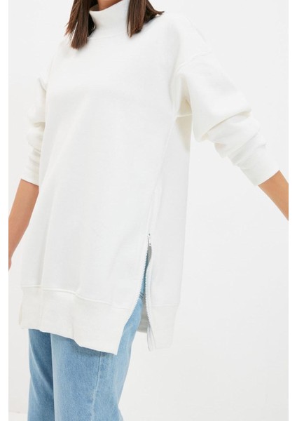 Kadın Oversize Dik Yaka Düşük Kol Uzun Uzun Geniş Kalıp Fermuarlı Kalın Içi Polarlı Örme Sweatshirt