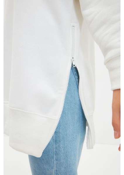 Kadın Oversize Dik Yaka Düşük Kol Uzun Uzun Geniş Kalıp Fermuarlı Kalın Içi Polarlı Örme Sweatshirt