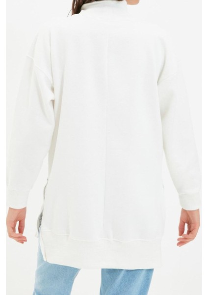 Kadın Oversize Dik Yaka Düşük Kol Uzun Uzun Geniş Kalıp Fermuarlı Kalın Içi Polarlı Örme Sweatshirt