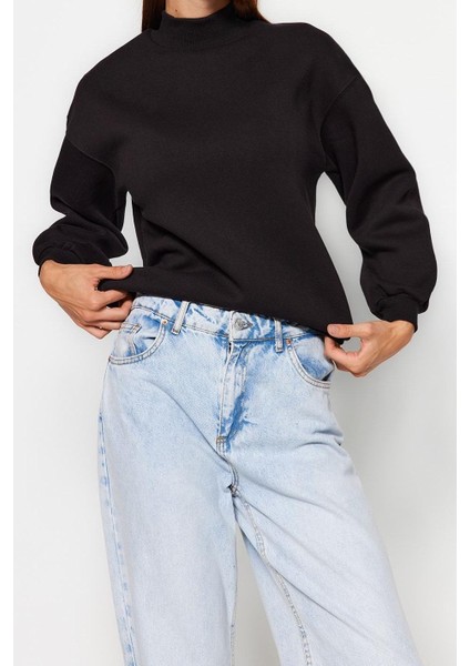 Kadın Moda Şık Relaxed Dik Yaka Düşük Kol Regular Örme Sweatshirt