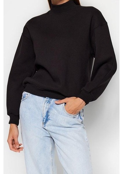Kadın Moda Şık Relaxed Dik Yaka Düşük Kol Regular Örme Sweatshirt