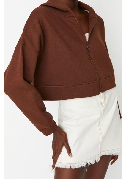 Kadın Relaxed Kapüşonlu Düşük Kol Crop Fermuarlı Rahat Kesim Crop Kalın Içi Polarlı Örme Sweatshirt