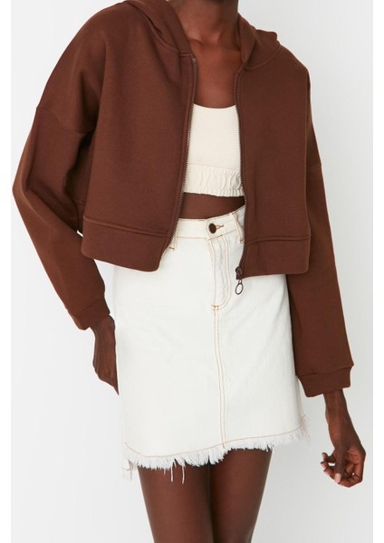 Kadın Relaxed Kapüşonlu Düşük Kol Crop Fermuarlı Rahat Kesim Crop Kalın Içi Polarlı Örme Sweatshirt fiyatları