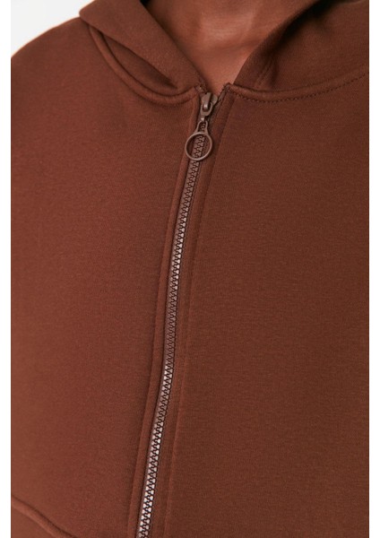 Kadın Relaxed Kapüşonlu Düşük Kol Crop Fermuarlı Rahat Kesim Crop Kalın Içi Polarlı Örme Sweatshirt modelleri