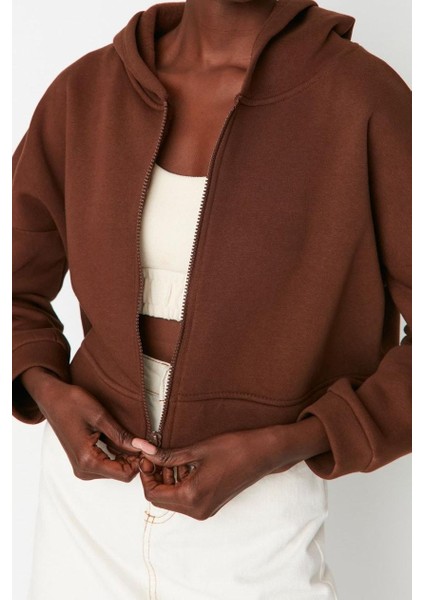 Kadın Relaxed Kapüşonlu Düşük Kol Crop Fermuarlı Rahat Kesim Crop Kalın Içi Polarlı Örme Sweatshirt fırsatları